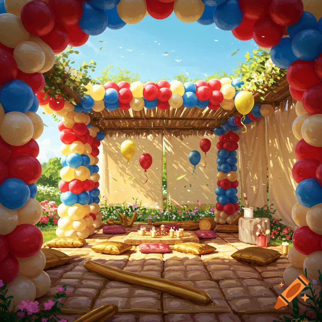 Outdoor celebration space with a balloon-decorated pergola, colorful cushions, and low tables on a paved area under a bright sky.