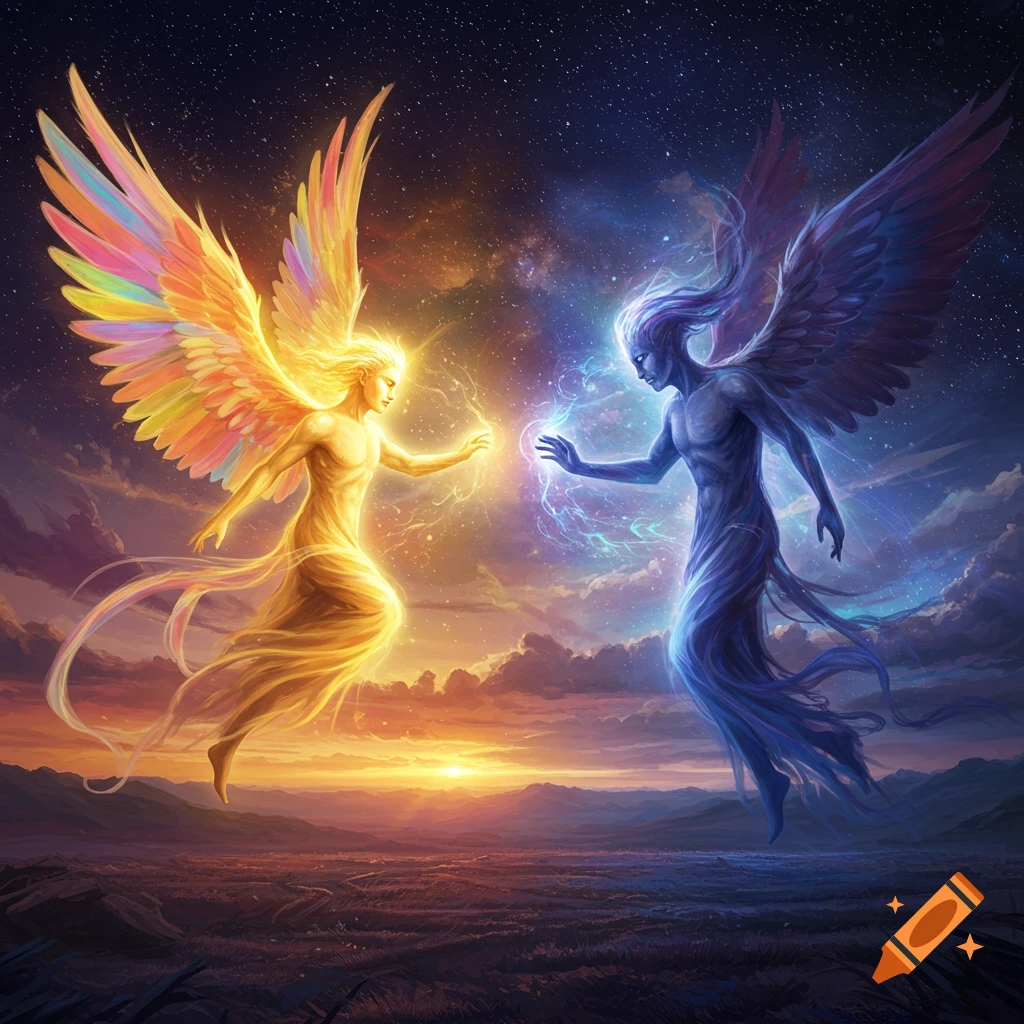 Two glowing angelic beings, one golden with rainbow wings and one blue with dark wings, touch energy amid a cosmic sunset.