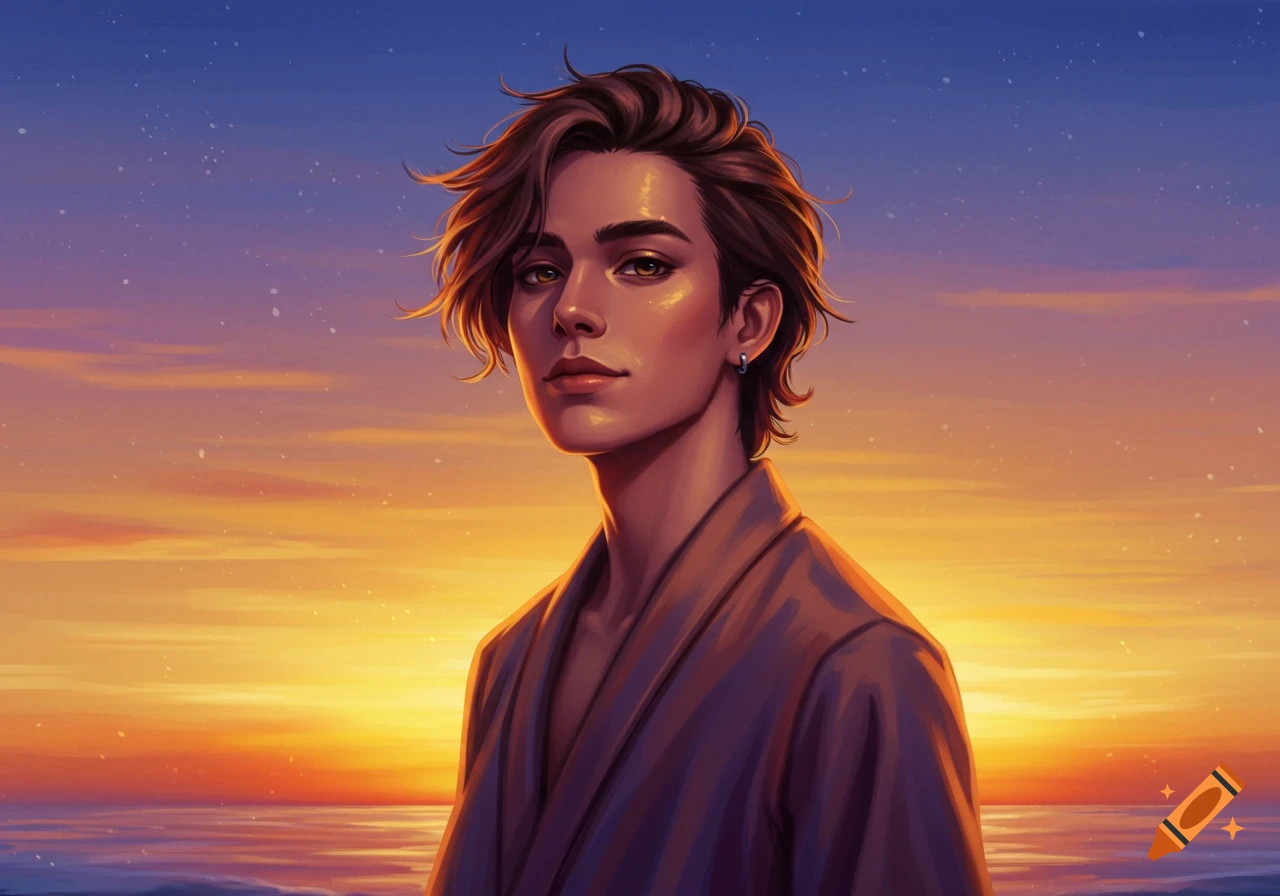A stylized portrait of a young person with dark, wavy hair, looking forward, against a vibrant sunset sky and a calm ocean horizon.