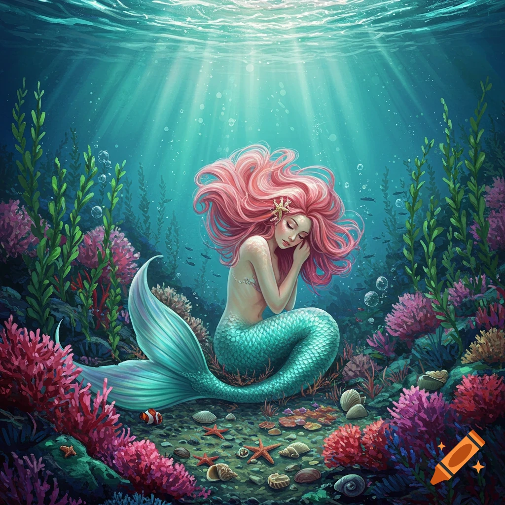A sleeping mermaid with flowing pink hair and a teal tail rests on a vibrant coral seabed with light rays filtering from above, in an illustrative style.