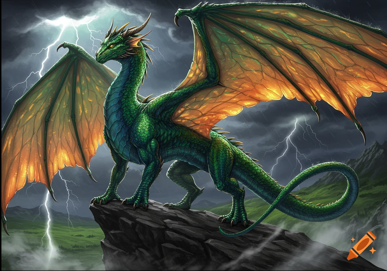 A majestic green dragon with large orange-hued wings stands on a rocky cliff under a stormy sky with lightning.