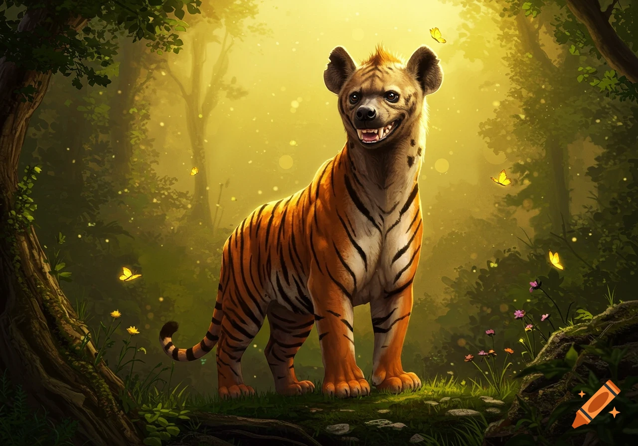 A smiling hyena-headed, tiger-bodied creature stands in a sunlit, enchanting forest with butterflies, digital art.