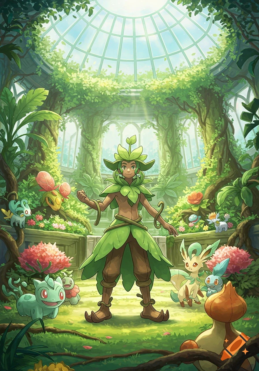 A person in a plant costume stands surrounded by Grass Pokémon in a vibrant greenhouse.