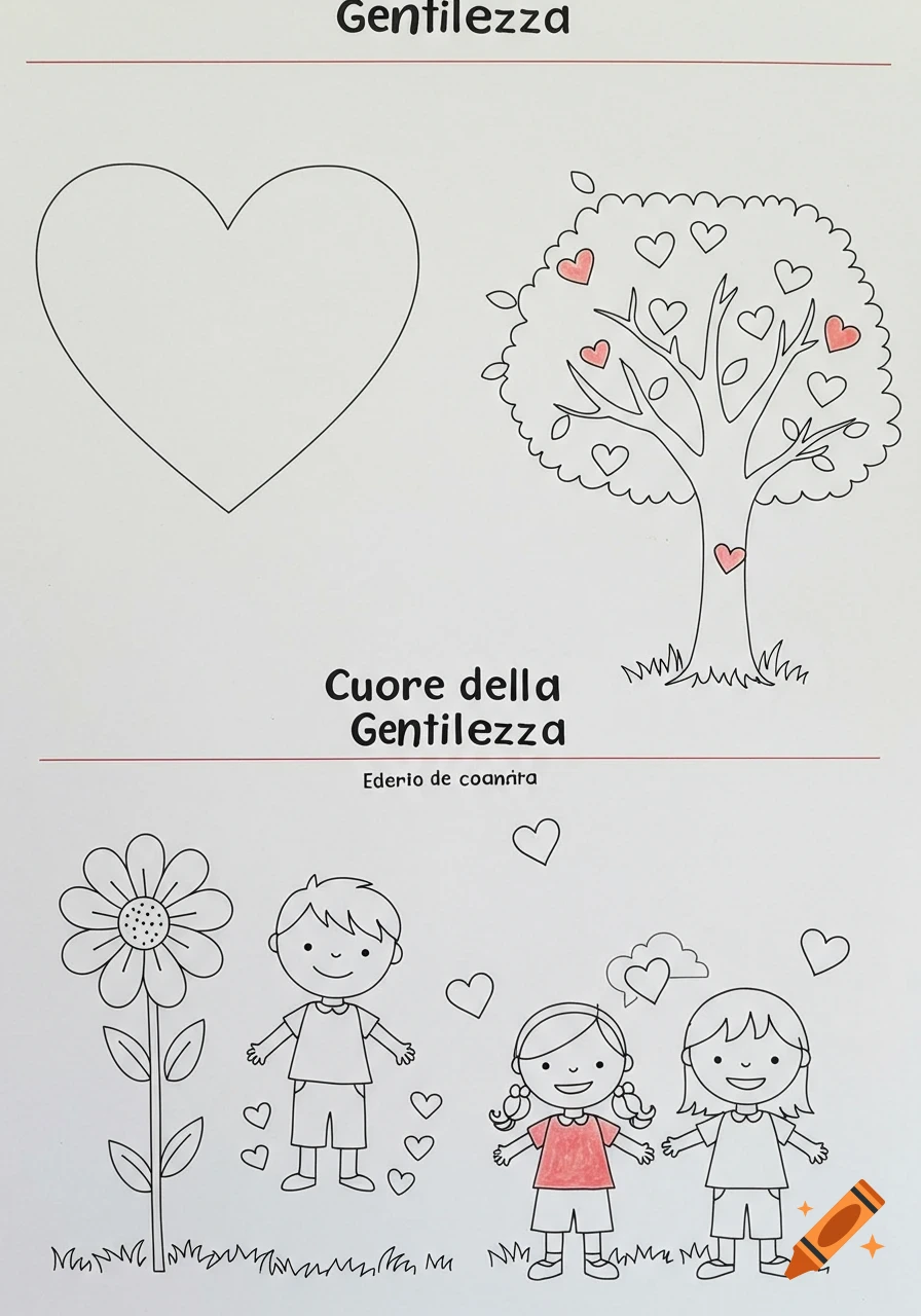 A black and white coloring page for children, showing a large heart outline, a tree with heart-shaped leaves, a flower, and three cartoon children standing in grass with hearts floating around them. Text includes "Gentilezza" and "Cuore della Gentilezza".
