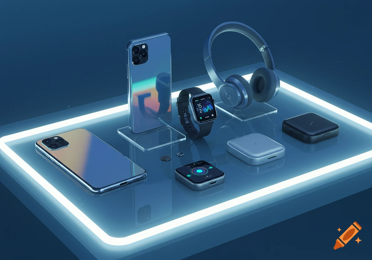 Modern electronic gadgets: smartphones, a smartwatch, headphones, and charging pads on a glowing blue display platform.