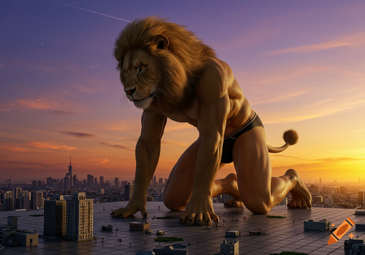 Photorealistic image of a gigantic muscular anthropomorphic lion in a speedo kneeling on a skyscraper rooftop, towering over a tiny city at sunset.