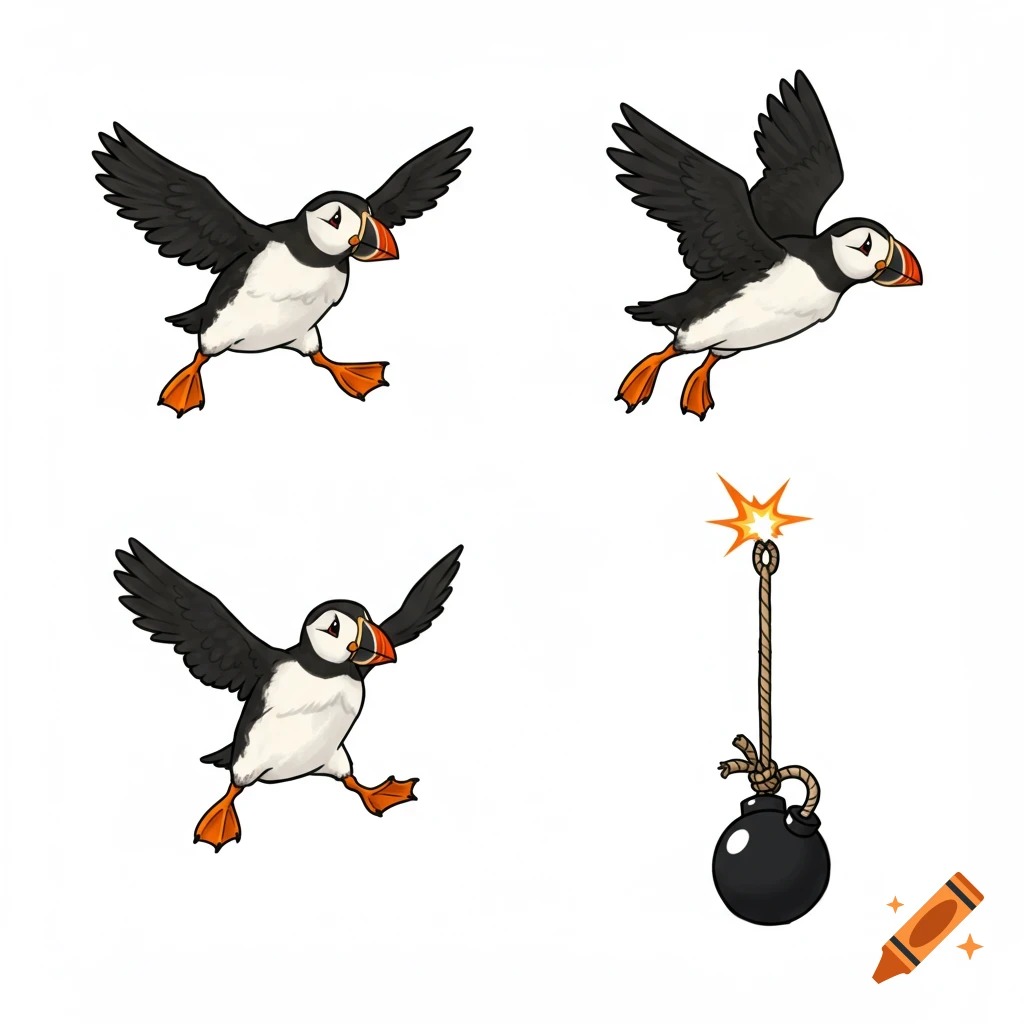 Cartoon puffins flying in various poses, with a classic round black bomb with a lit fuse on a white background.