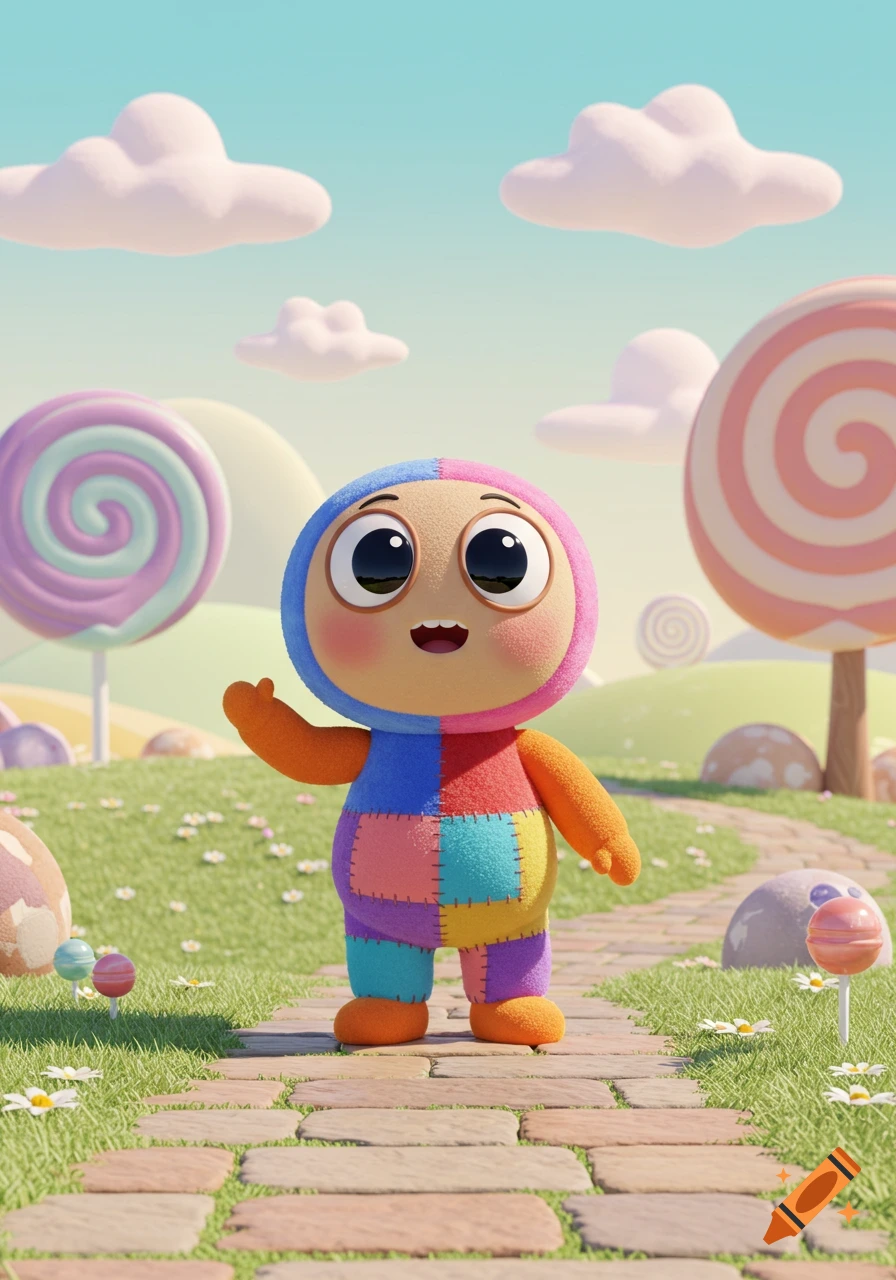 A cute, colorful cartoon character made of patchwork fabric waves in a candy land with lollipops and fluffy clouds.