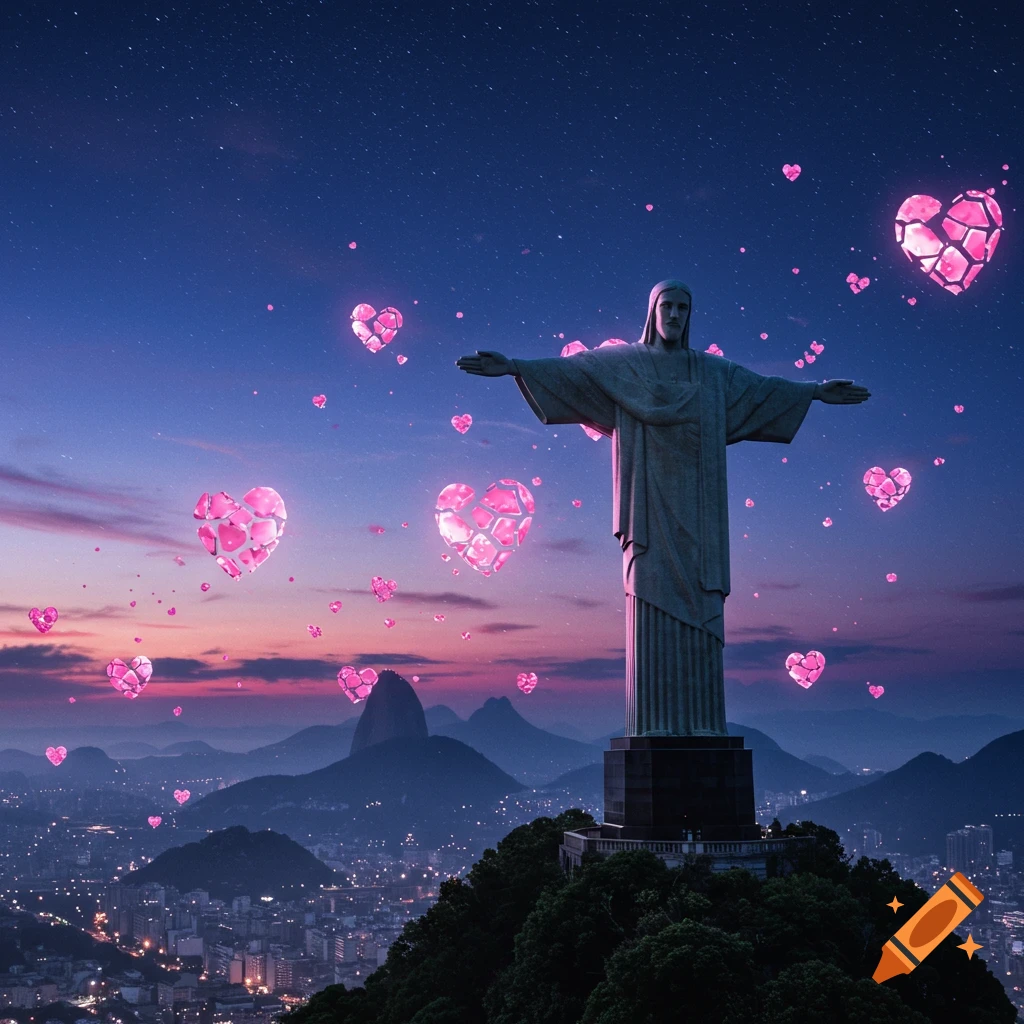 The Christ the Redeemer statue overlooks Rio de Janeiro at dusk, with glowing pink hearts floating in the starry sky.