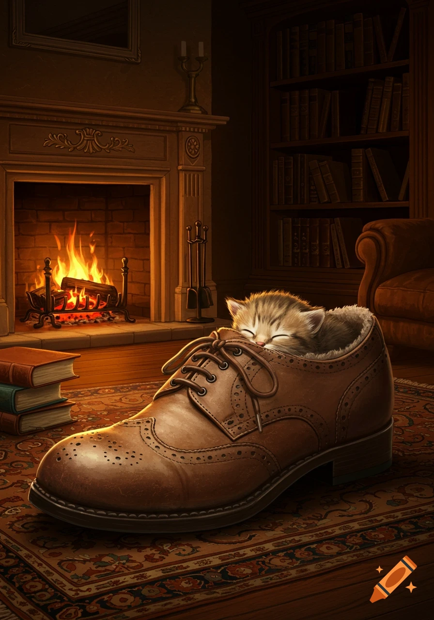 A fluffy kitten sleeps in a brown brogue shoe on a rug, by a crackling fireplace in a cozy, book-filled room. Warm illustration.