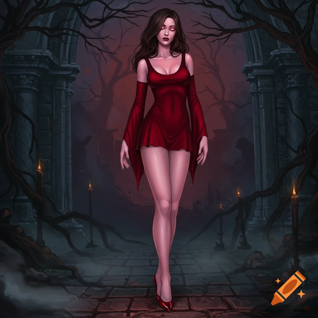 A pale woman with long brown hair and glowing red eyes, wearing a short red dress and heels, stands in a dark, gothic ruin.