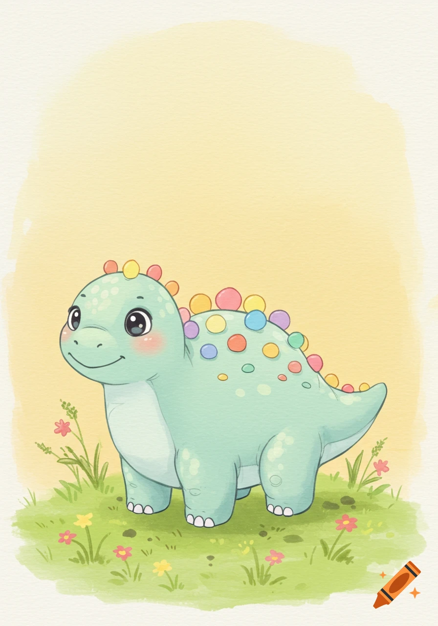 Cute light green cartoon dinosaur with colorful spots stands in green grass with flowers, on a soft yellow watercolor background.