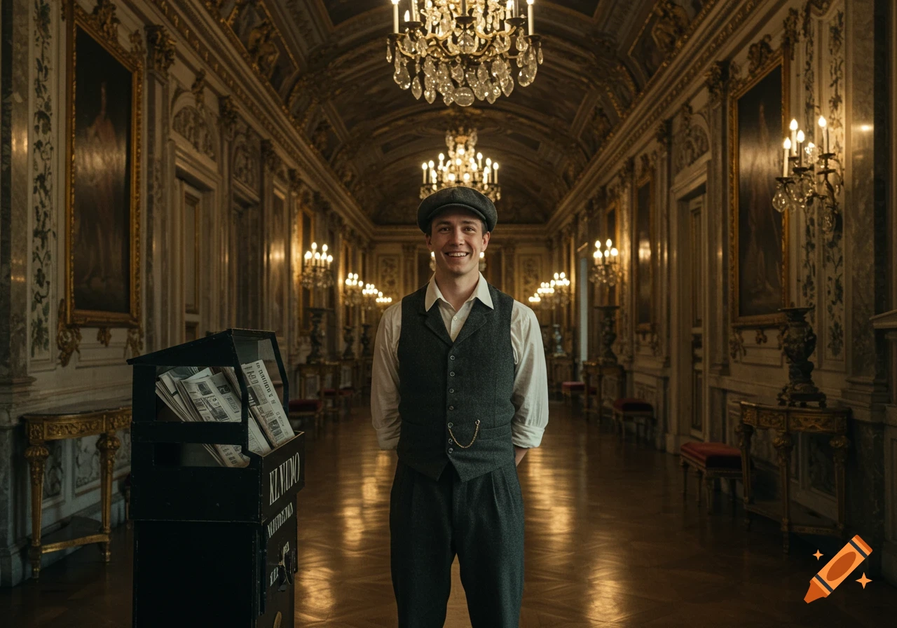 A smiling young man in a period newspaper vendor outfit stands in a grand, ornate palace hallway with a newspaper stand.
