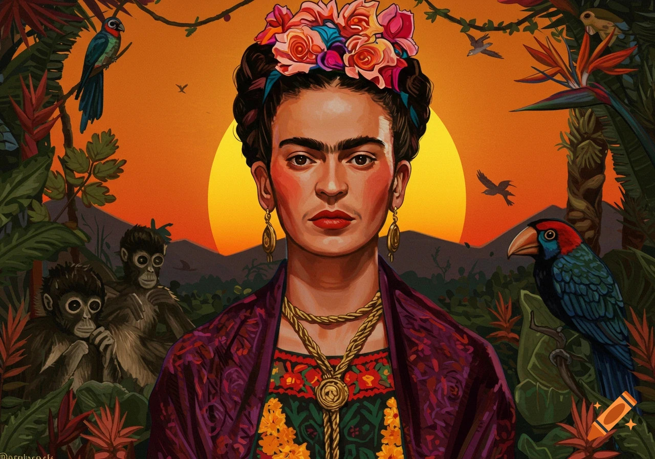 Stylized portrait of Frida Kahlo wearing a floral crown, surrounded by monkeys, parrots, and jungle foliage against an orange sunset.