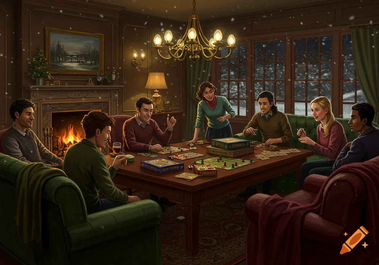 Friends play board games in a warm, cozy living room during a snowy winter night, with a fireplace glowing.