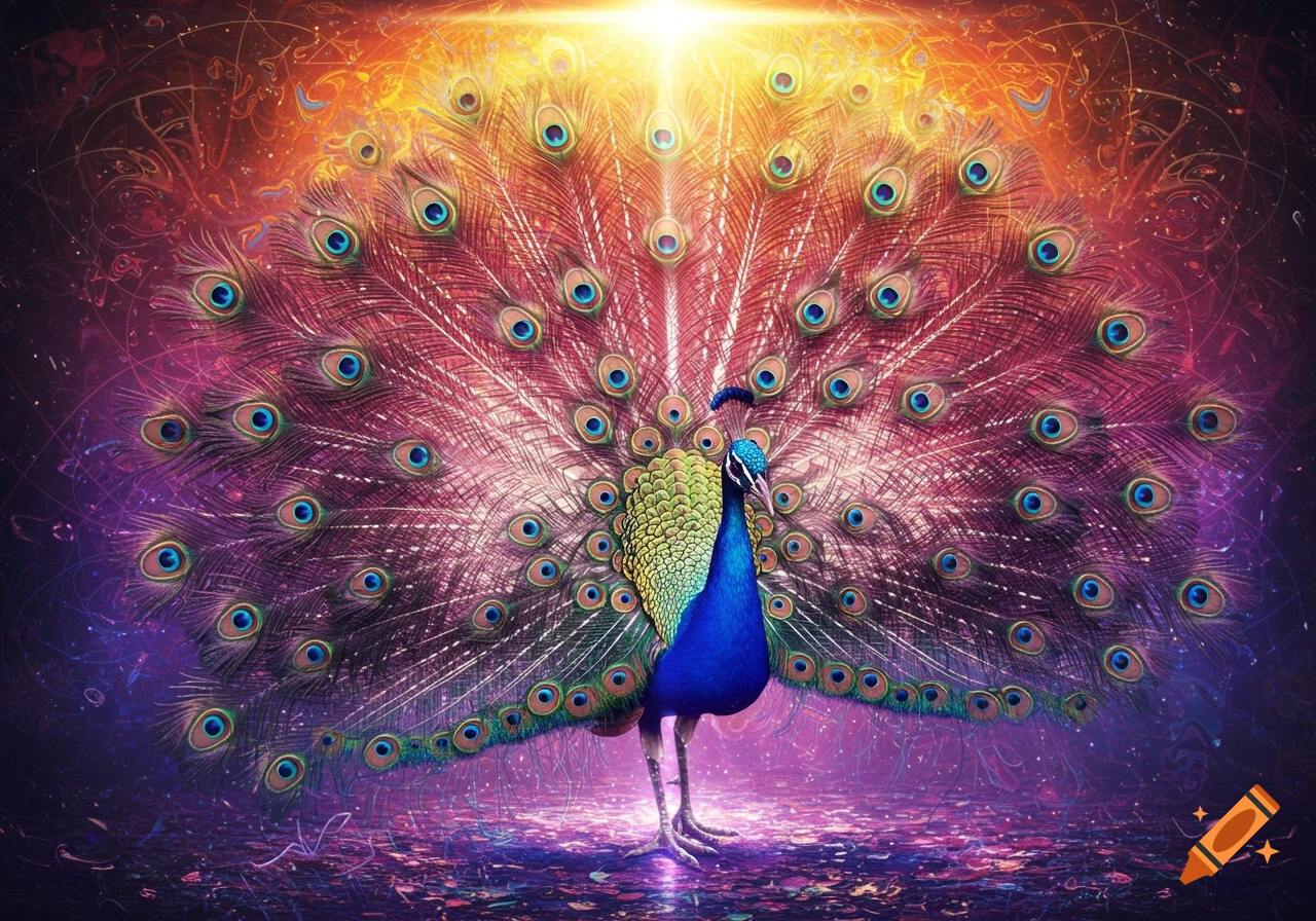 A vibrant psychedelic peacock with its tail feathers fanned out, glowing with colorful energy against a starry background.
