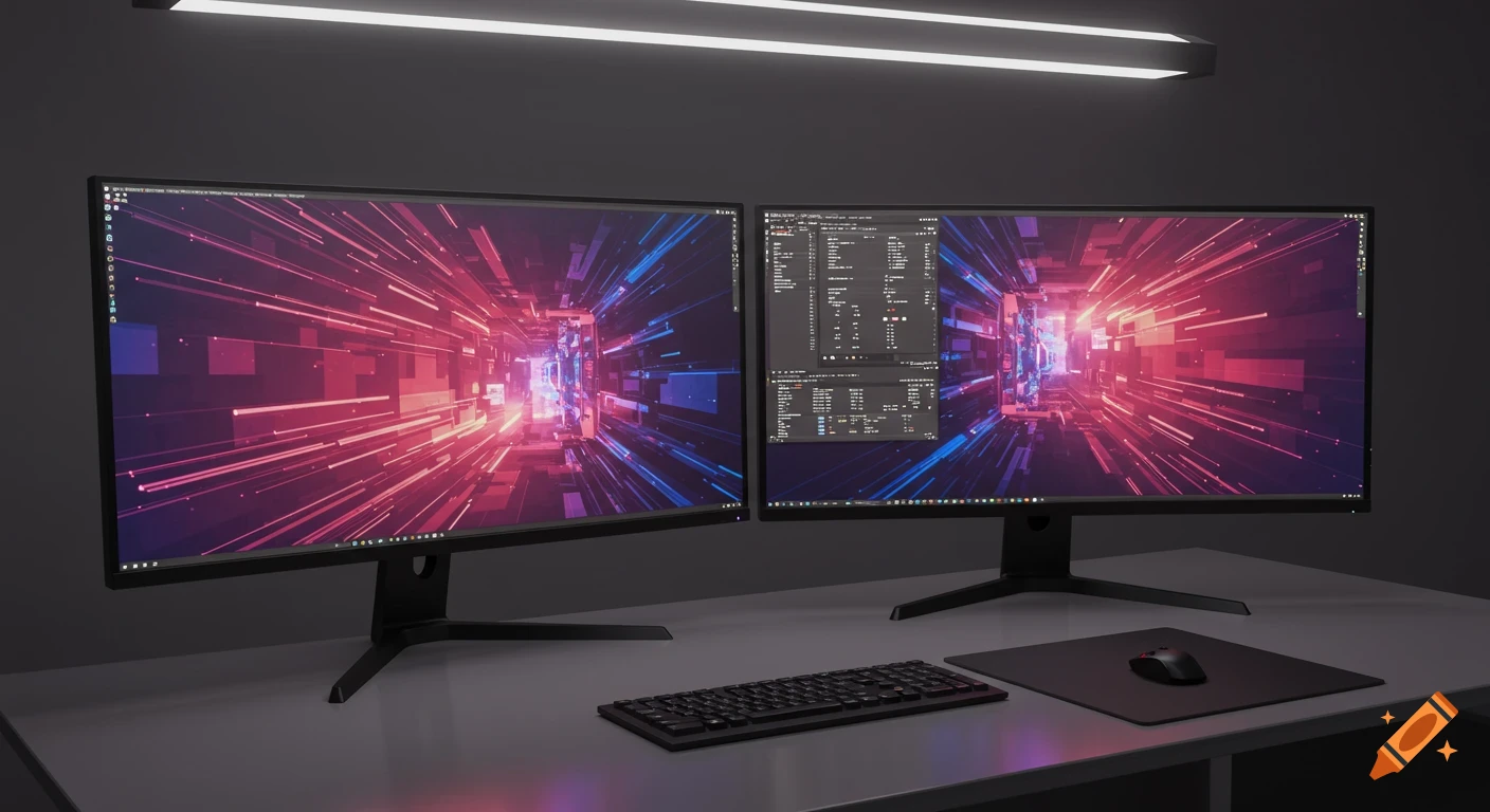 A photorealistic 3D render of a dual monitor setup on a dark desk with a keyboard and mouse. The monitors display abstract digital art with pink and blue light trails.