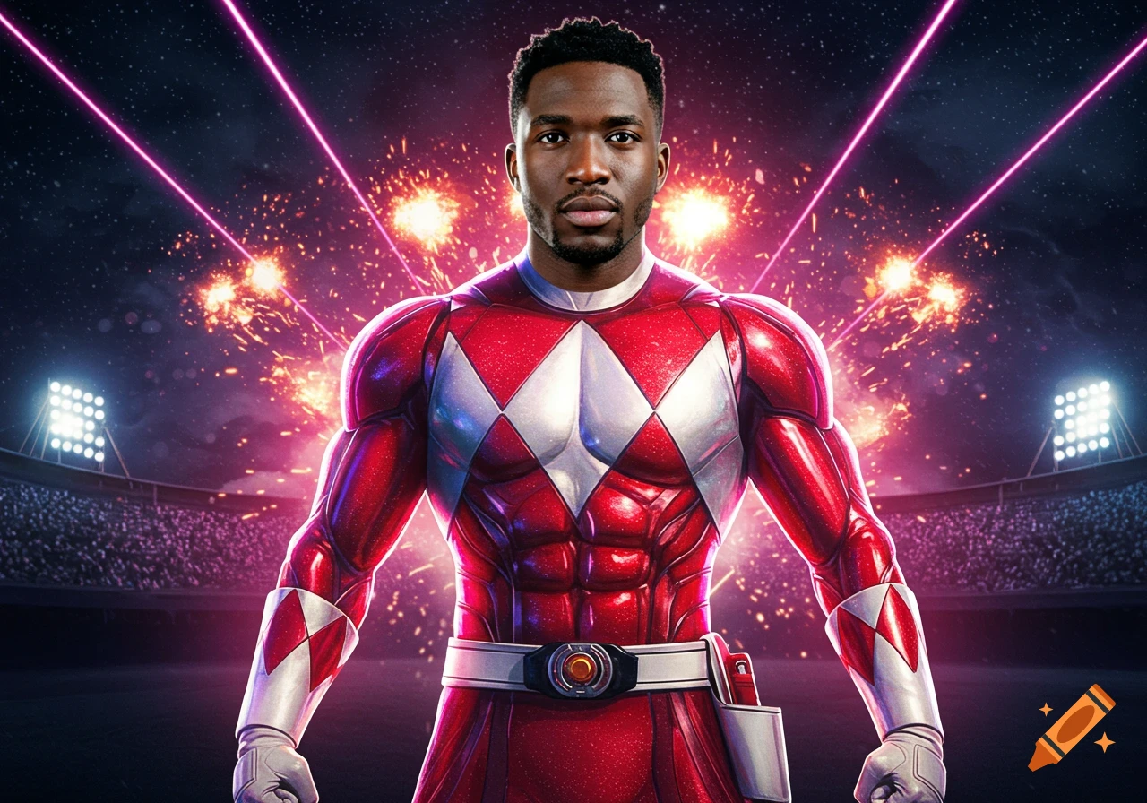 A man with a serious expression, wearing a shiny red and white Power Ranger suit, stands against a dark stadium background with fireworks and pink laser beams.