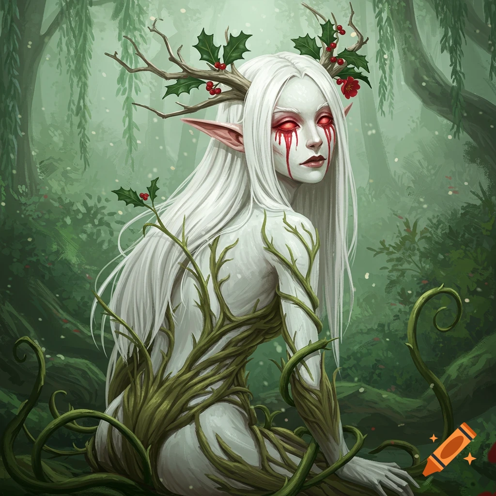 A white-haired, pale-skinned female elf with red eyes weeping blood, adorned with holly and branches, sitting in a dark forest. Stylized illustration.
