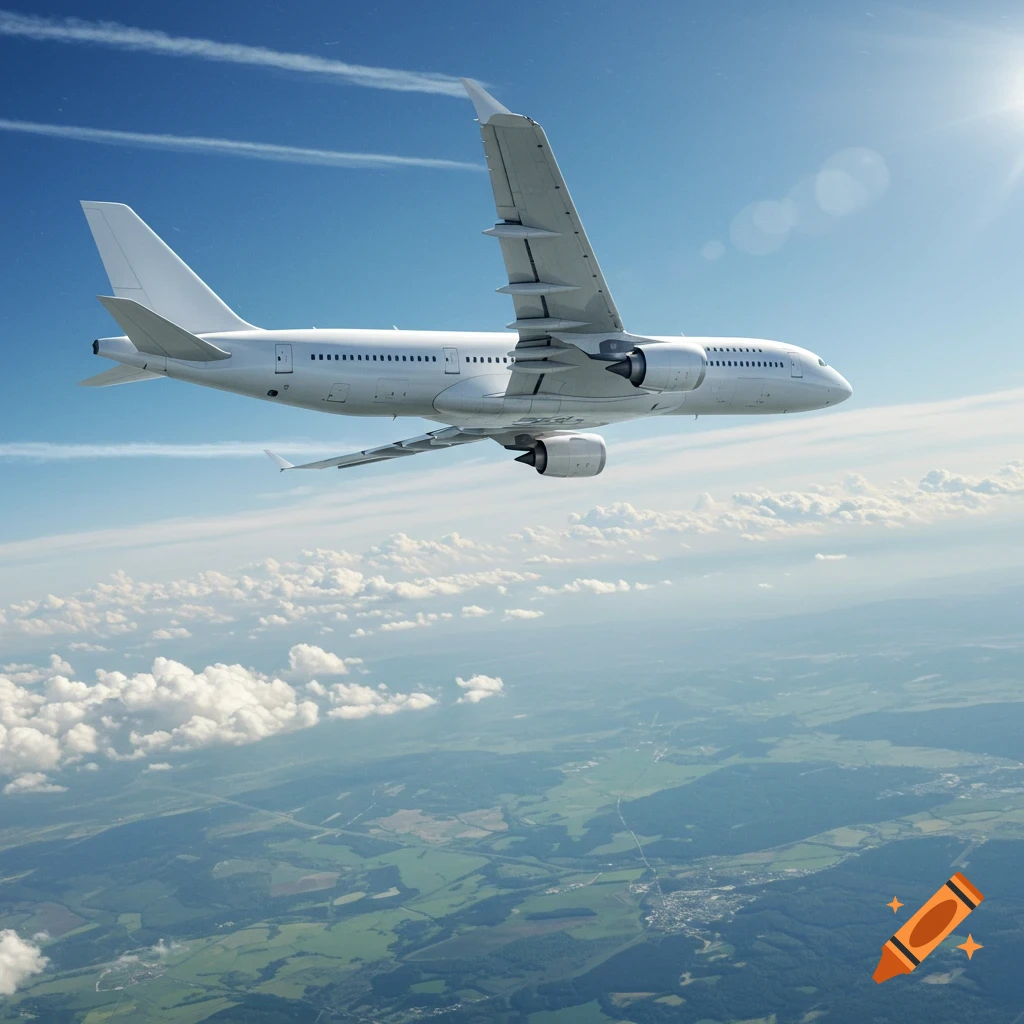 A white airliner with its wing banked, flying high above green fields and scattered clouds under a bright blue sky with sun flare.