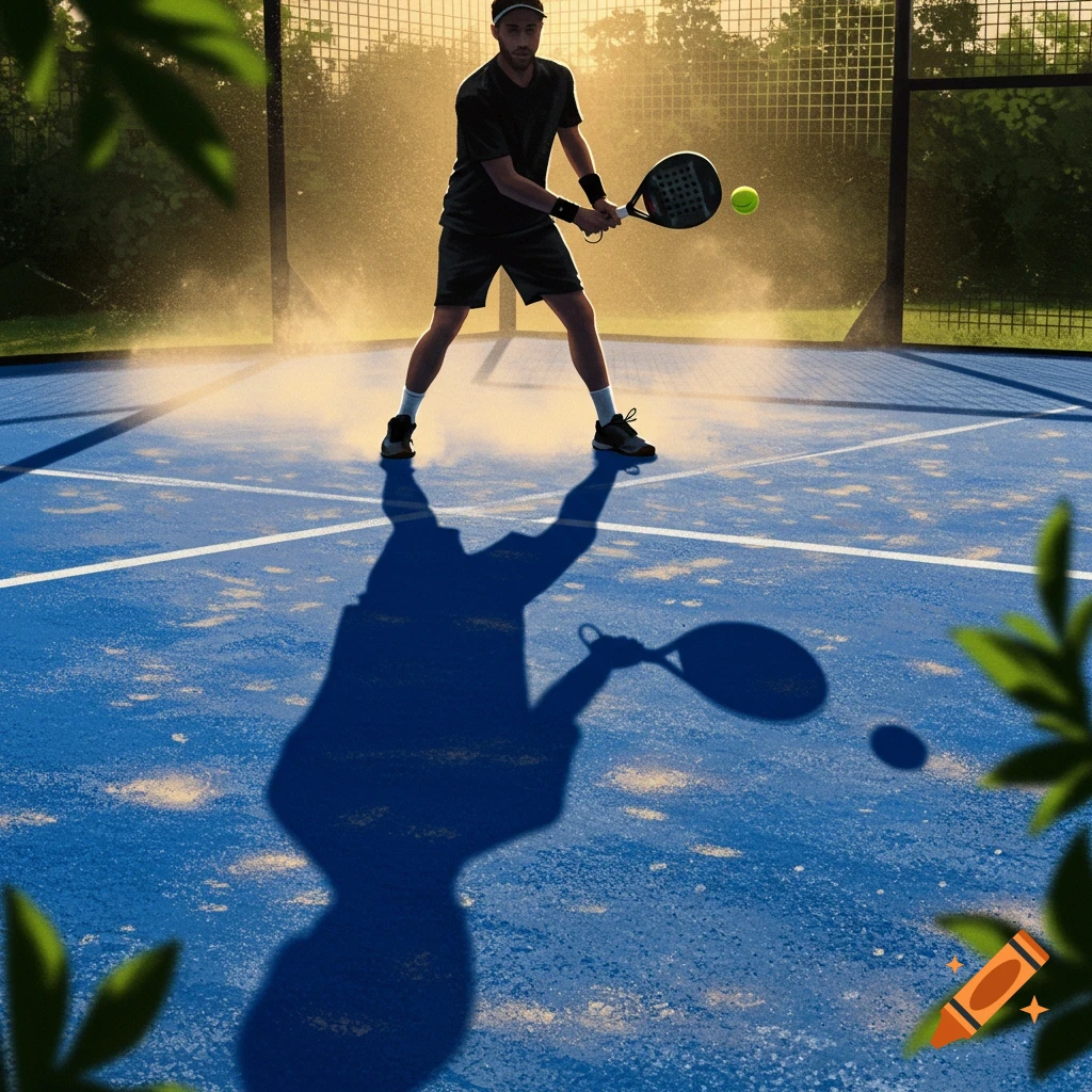 A padel player on a blue court at sunset, holding a racket and looking towards a tennis ball in a dynamic shot.