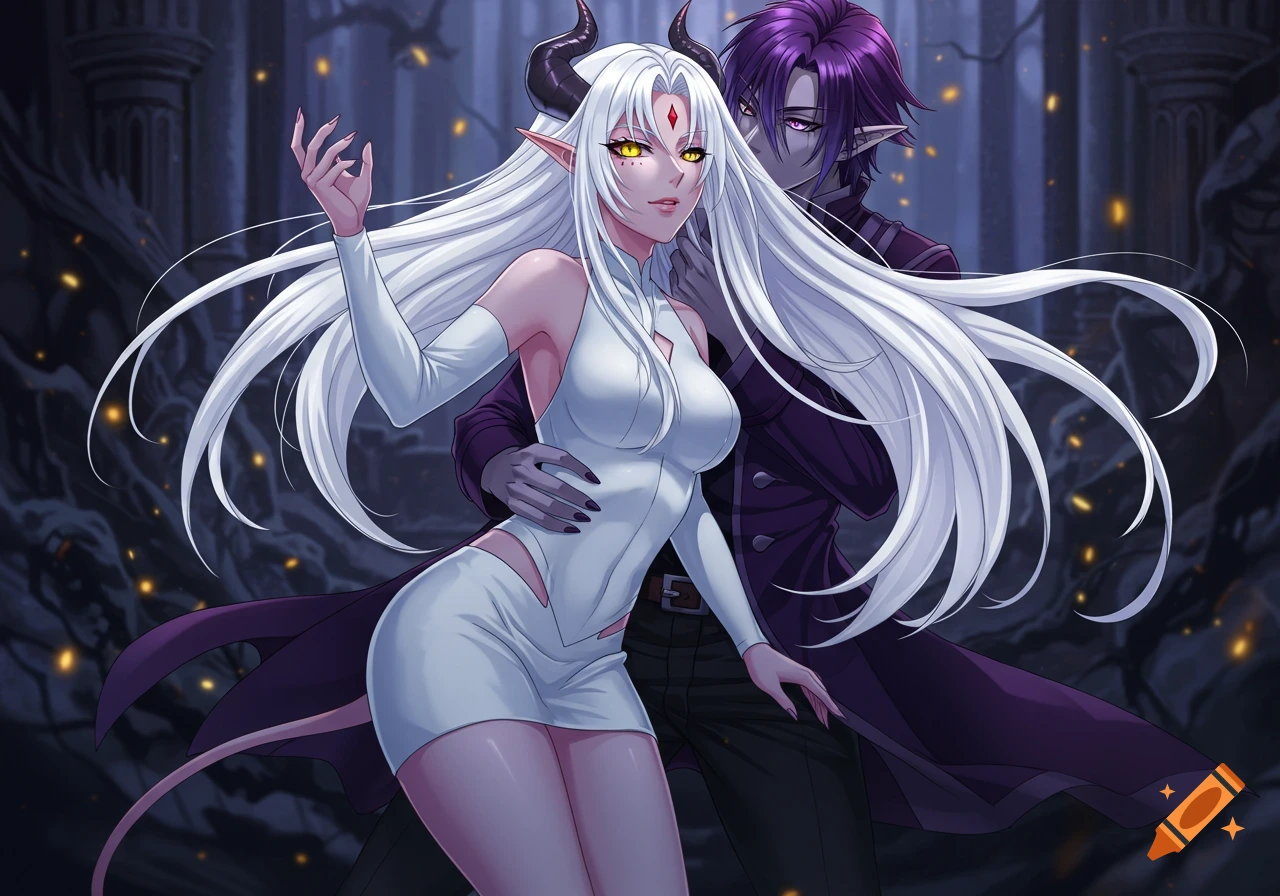 An anime demoness with white hair and horns embraces a purple-haired demon man in a dark fantasy setting.