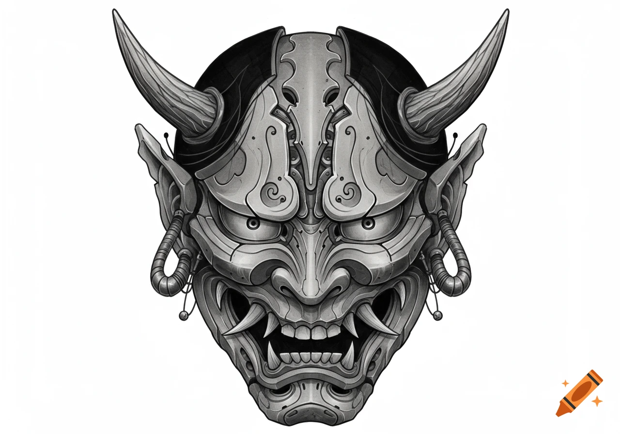 Detailed black and grey biomechanical Hannya mask tattoo design with sharp horns, fierce eyes, and mechanical elements.