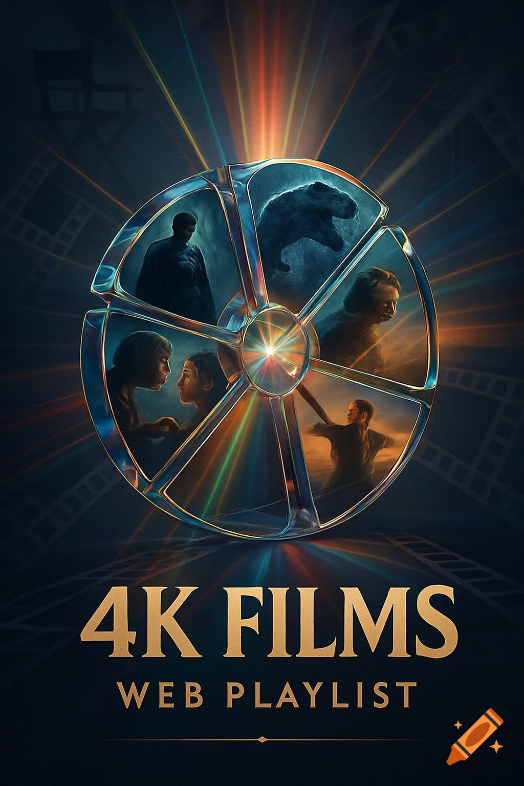 A stylized movie poster featuring a film reel with multiple movie scenes, vibrant light rays, and text '4K FILMS WEB PLAYLIST' at the bottom.