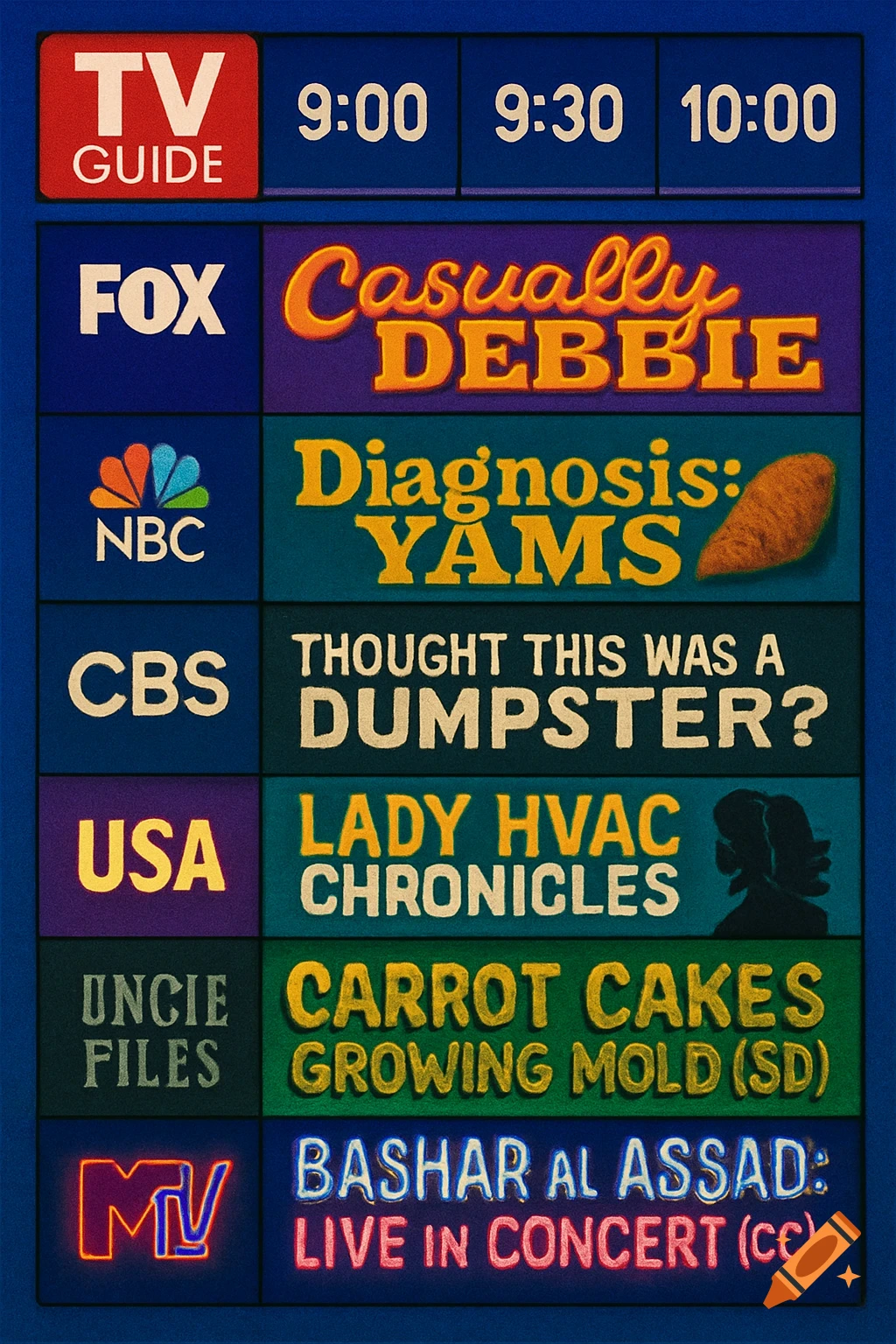 A colorful retro-style TV Guide showing satirical program listings for channels like FOX, NBC, CBS, USA, UNCLE FILES, and MTV, with various show titles.