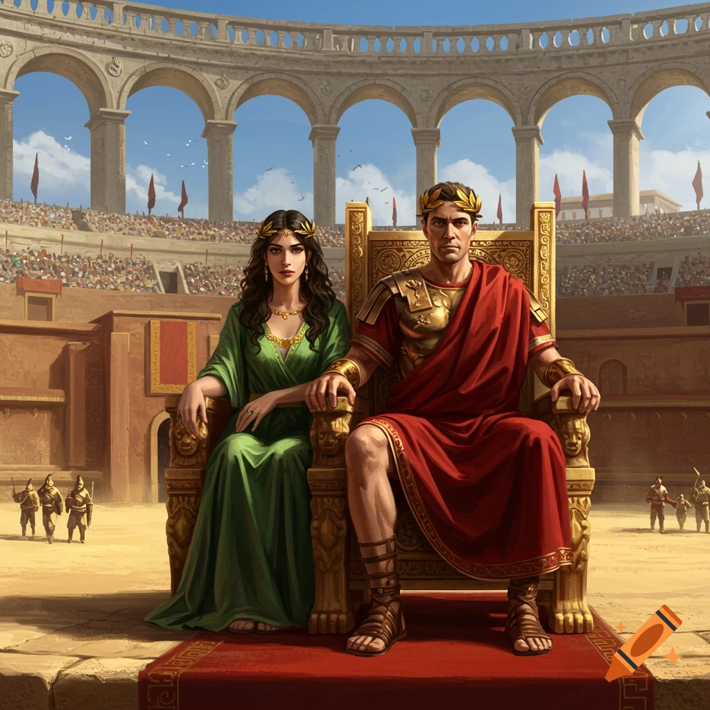A regal Roman emperor and empress sit on golden thrones in a crowded gladiatorial arena.