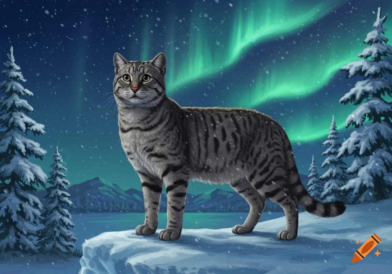 A striped cat stands in a snowy winter landscape under green aurora borealis and falling snow.
