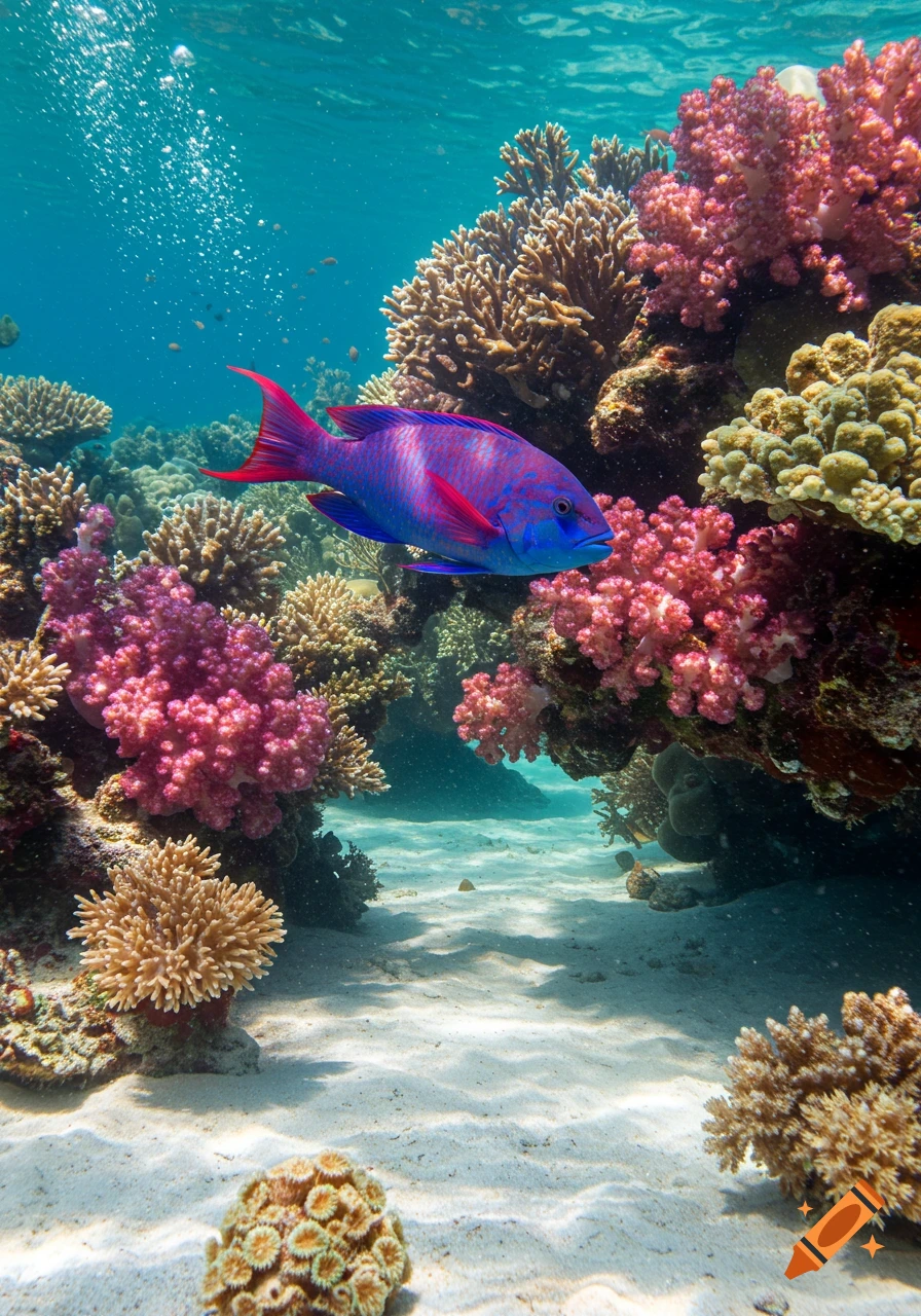 A vibrant blue and red fish swims gracefully amidst a colorful coral reef in clear blue ocean water.