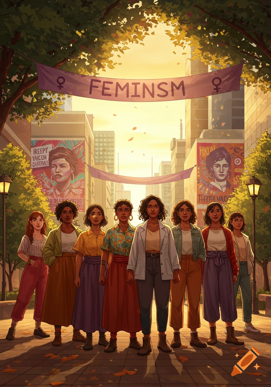 An illustration of a diverse group of women standing together under a banner that reads "FEMINISM" on a city street at sunset.