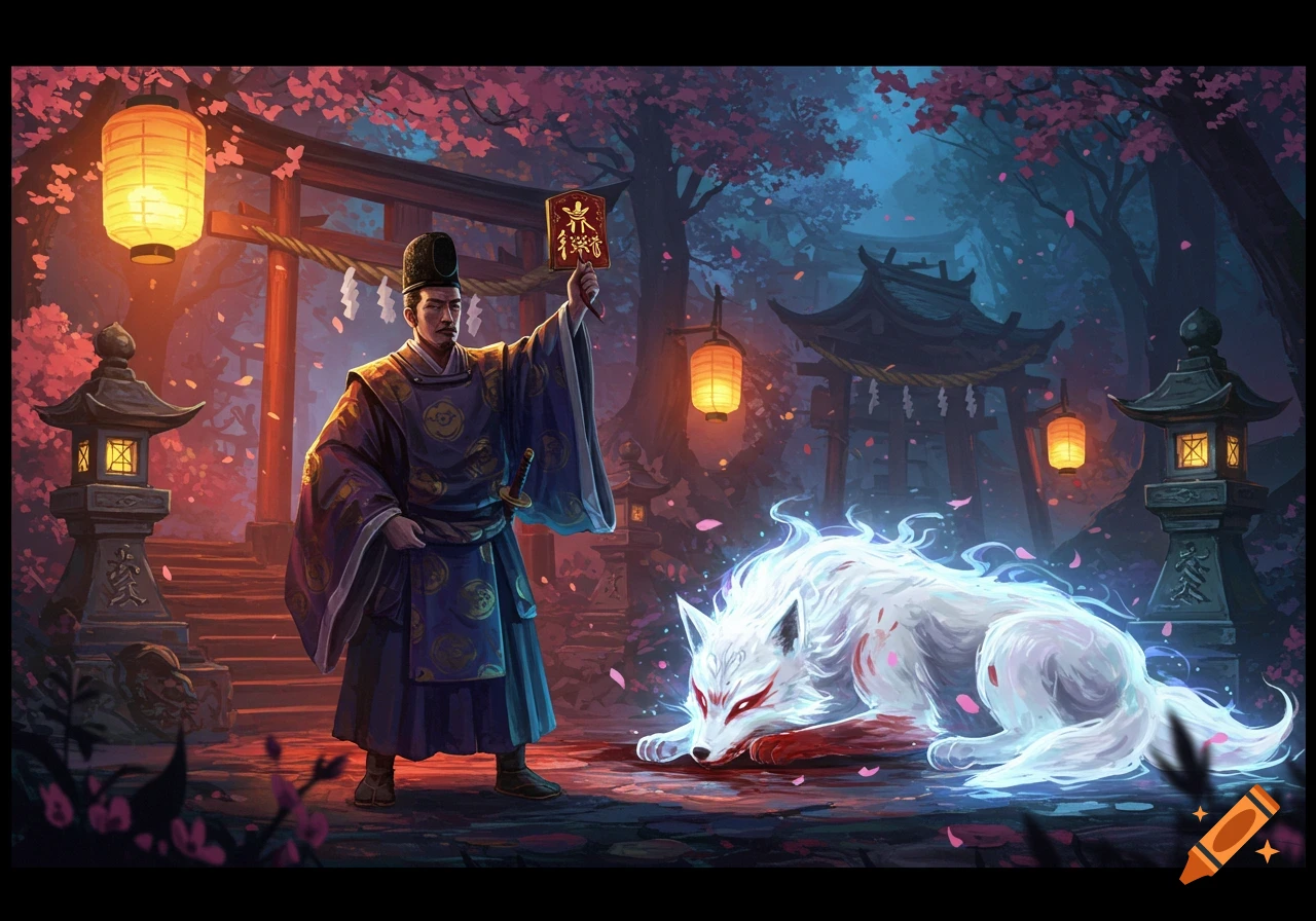 A Japanese priest in a blue robe stands before a shrine in a magical forest, holding a red tablet above a glowing white fox lying on the ground. Fantasy illustration.