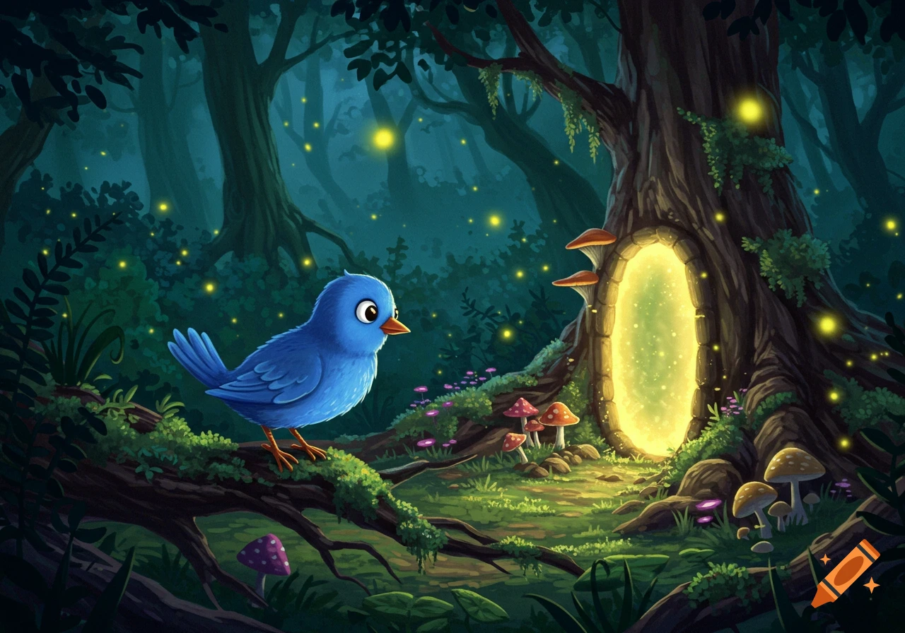 A cute blue cartoon bird on a mossy branch in a dark, magical forest with a glowing portal in a tree and luminous mushrooms.