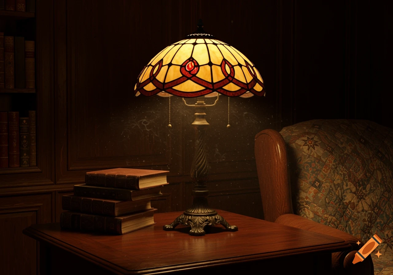 A vintage Tiffany-style lamp illuminates a stack of old books on a wooden table, next to an armchair and a bookcase in a dimly lit room.