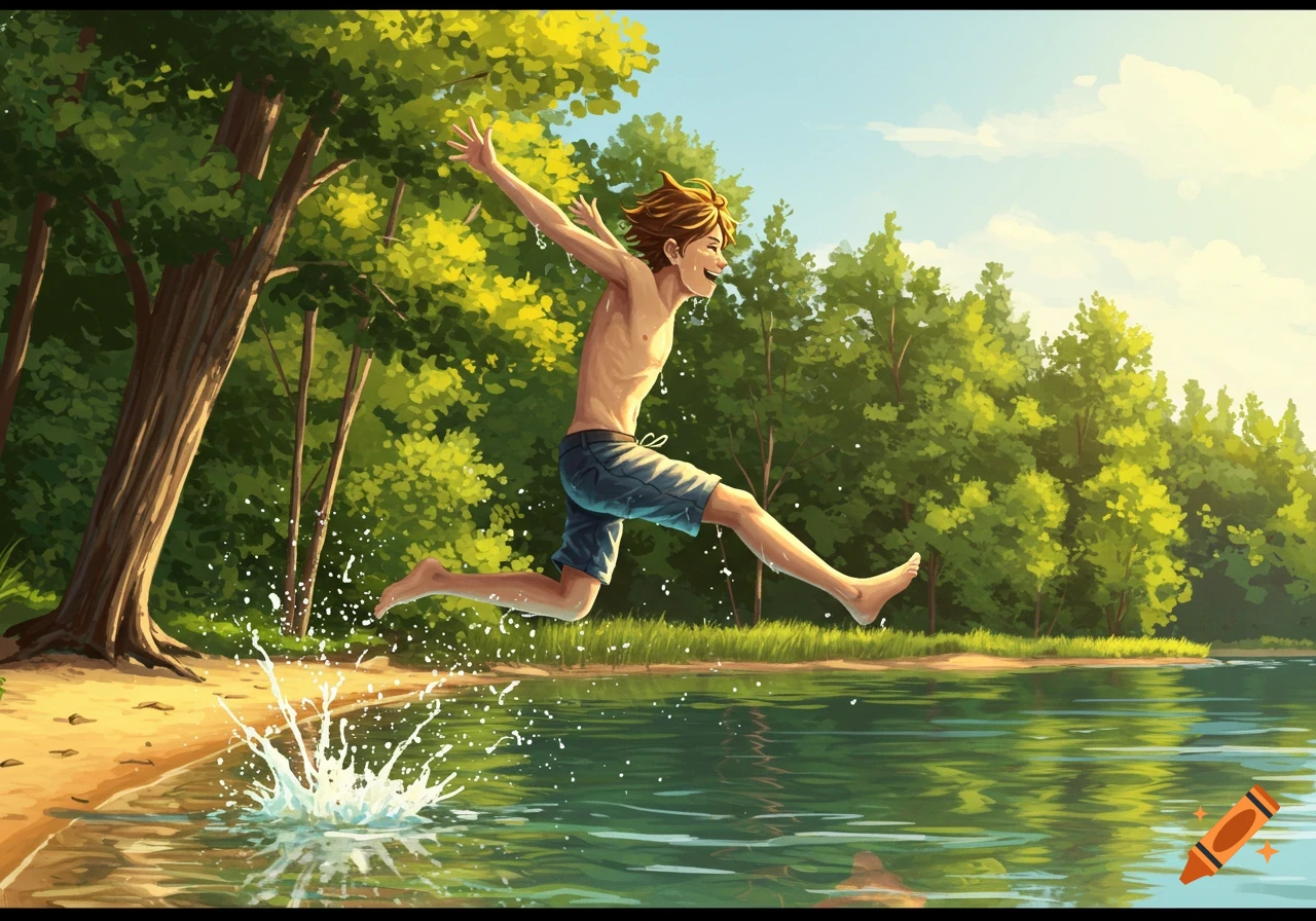 A cartoon illustration of a joyful young person jumping into a lake with a big splash, surrounded by green trees under a bright sky.
