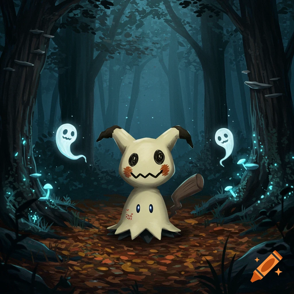 A digital illustration of Mimikyu in a dark, enchanted forest with glowing mushrooms and two small white ghosts.