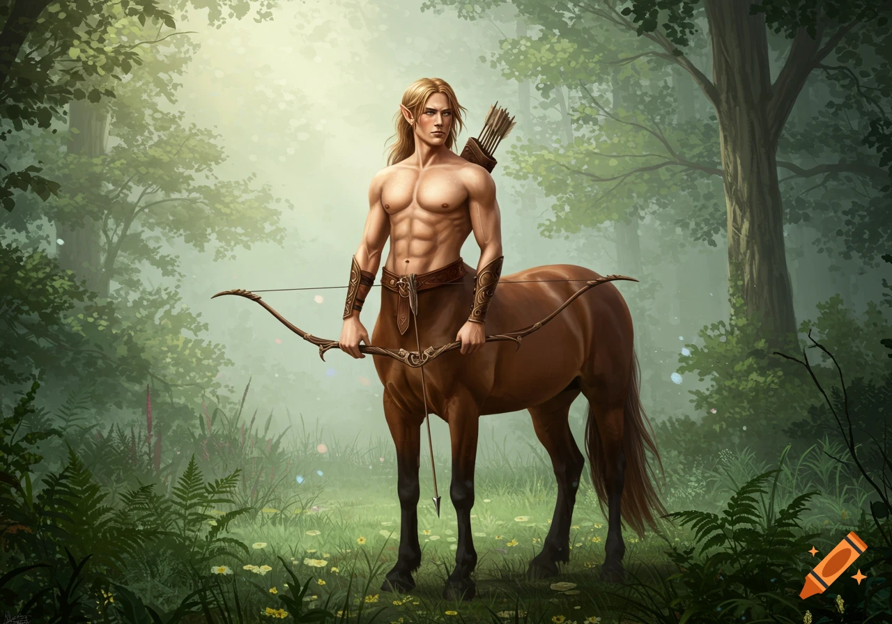 A muscular male centaur archer with long blonde hair stands in an enchanted forest, holding a bow.
