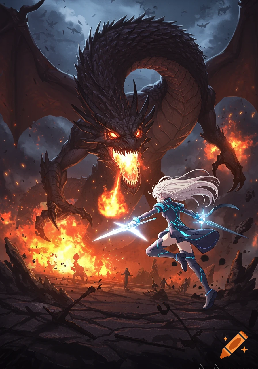Anime girl with glowing swords battles a fire-breathing black dragon in a dramatic, fiery landscape.