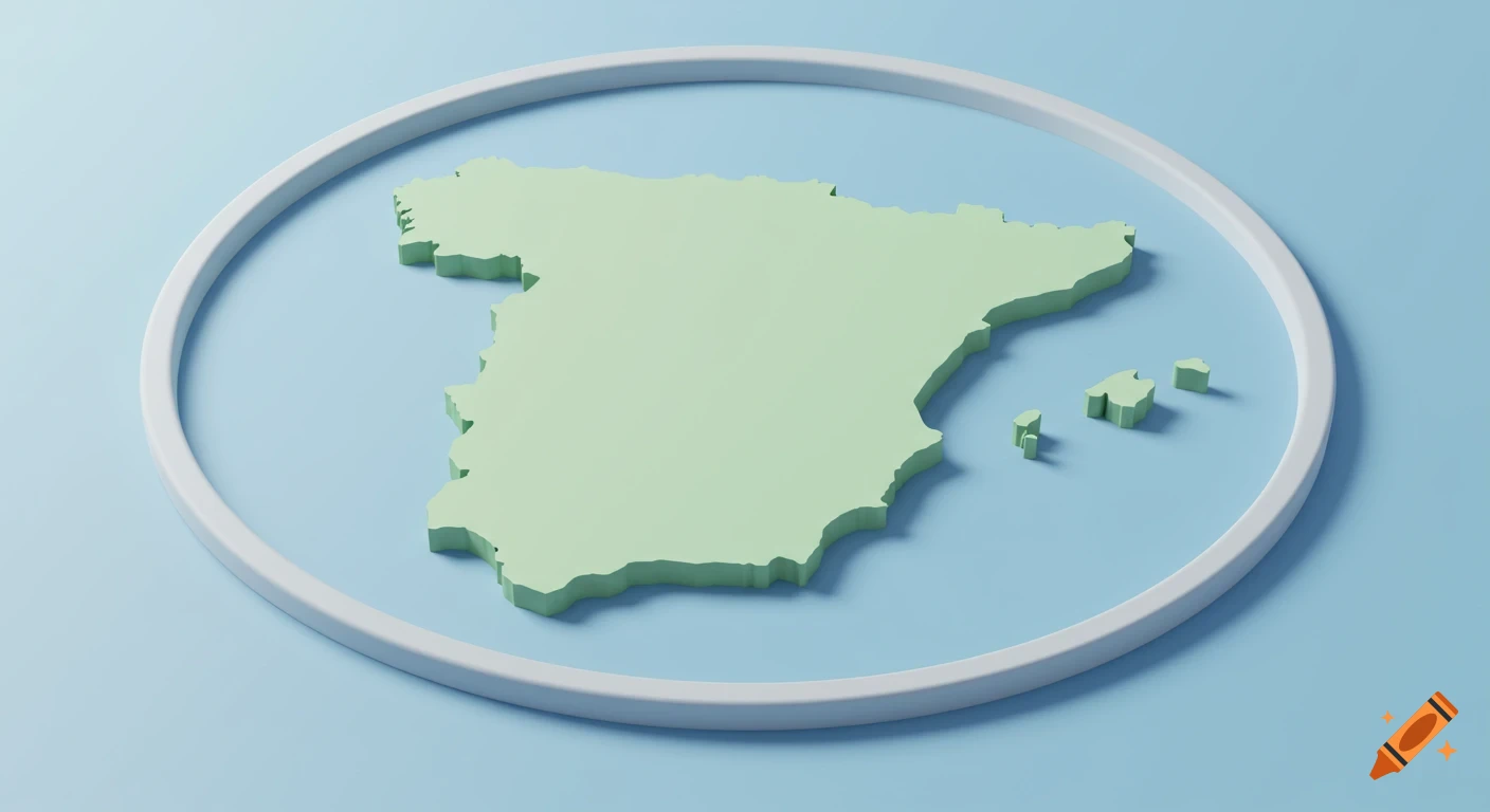 A 3D minimalist map of Spain in pale green, surrounded by baby blue water and a white circular frame.