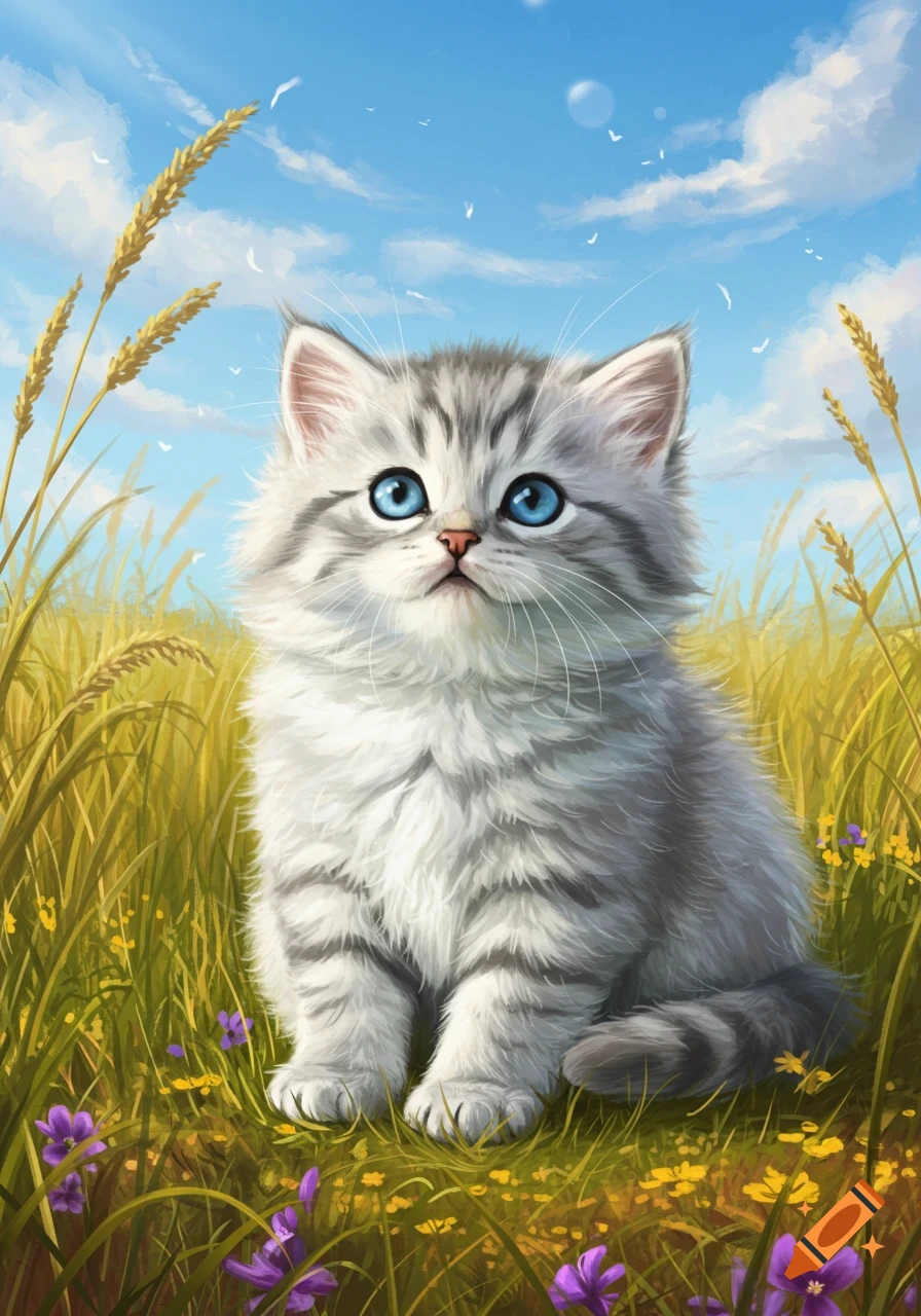 A fluffy grey and white kitten with bright blue eyes sits in a field of green and yellow grass with purple flowers under a blue sky, illustration.