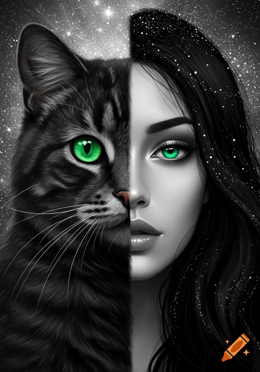 Stylized split portrait of a black tabby cat and a grayscale woman, both with bright green eyes, against a starry sky.