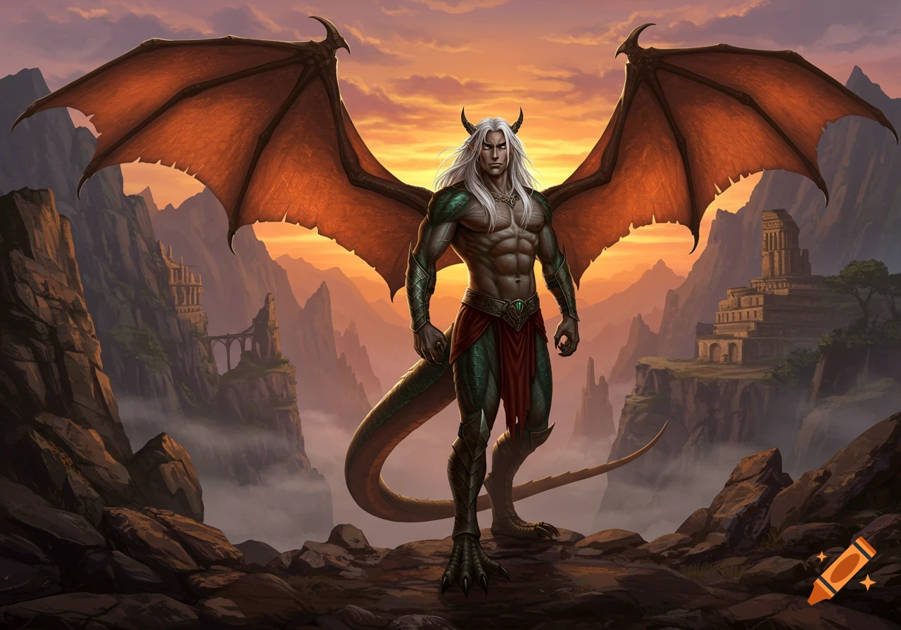 Muscular half-dragon male with white hair, horns, and large wings stands on a rocky mountain with ancient ruins at sunset, digital art.