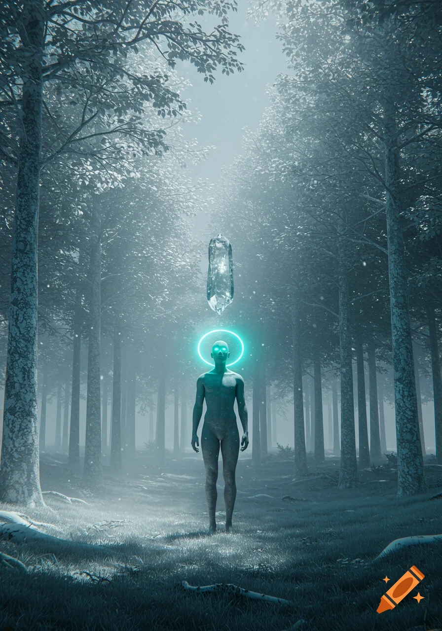 A grey, stylized human-like figure with glowing green eyes and halo stands in a misty, desaturated forest, beneath a floating crystal.