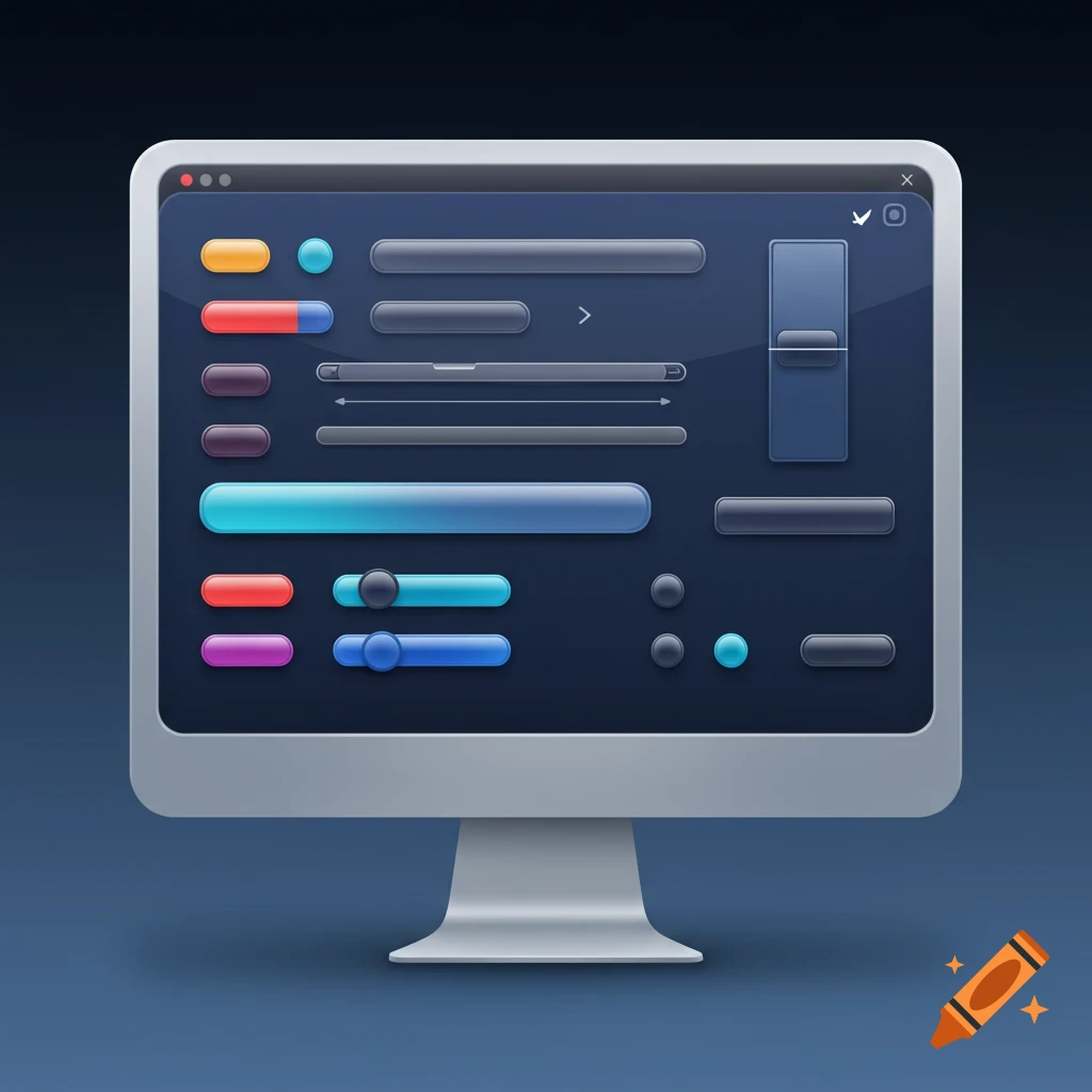 A silver desktop monitor displaying a dark blue graphical user interface with various colorful buttons, sliders, and input fields.