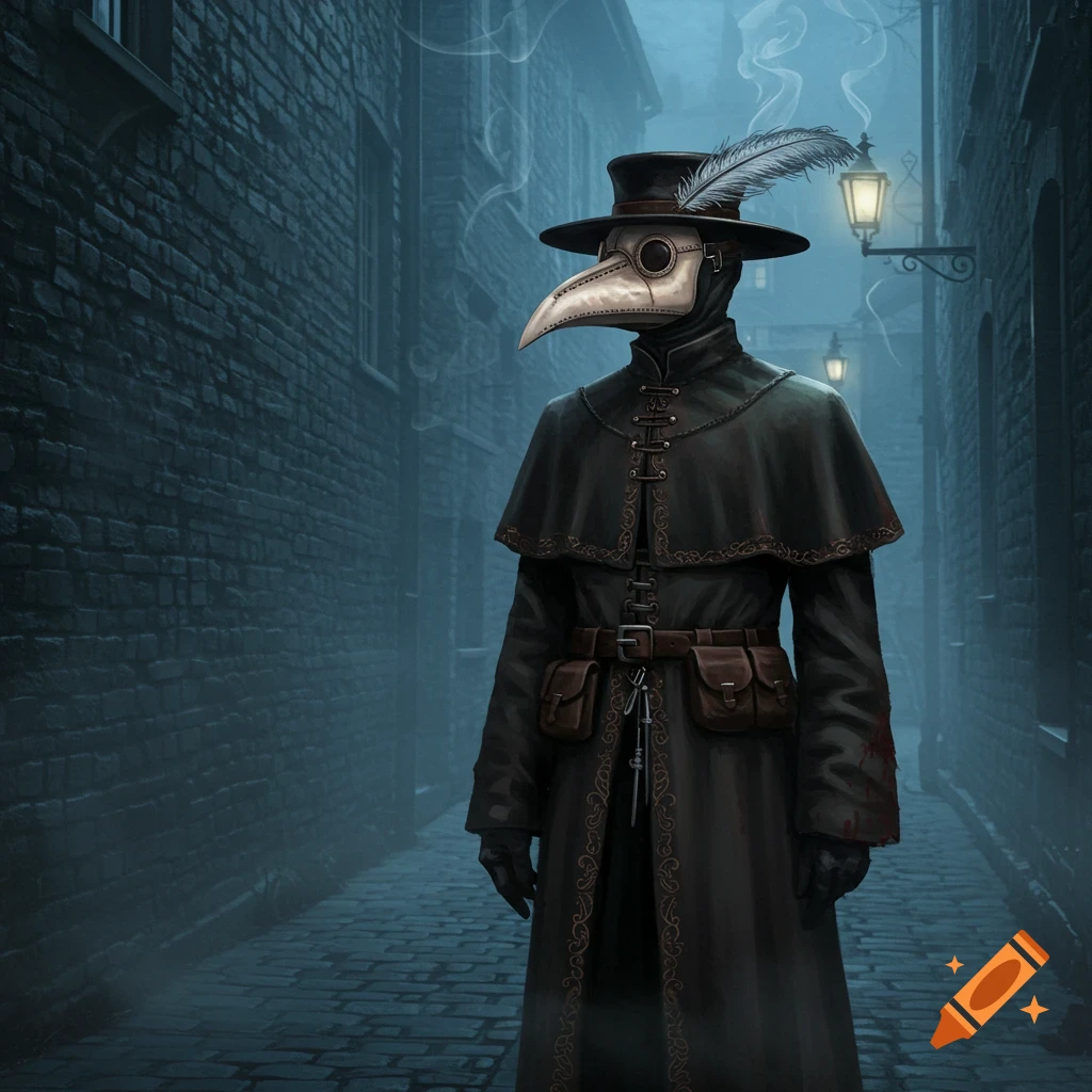 A dark, atmospheric illustration of a plague doctor in a beak mask, feathered hat, and medieval coat, standing in a foggy, cobbled alley.