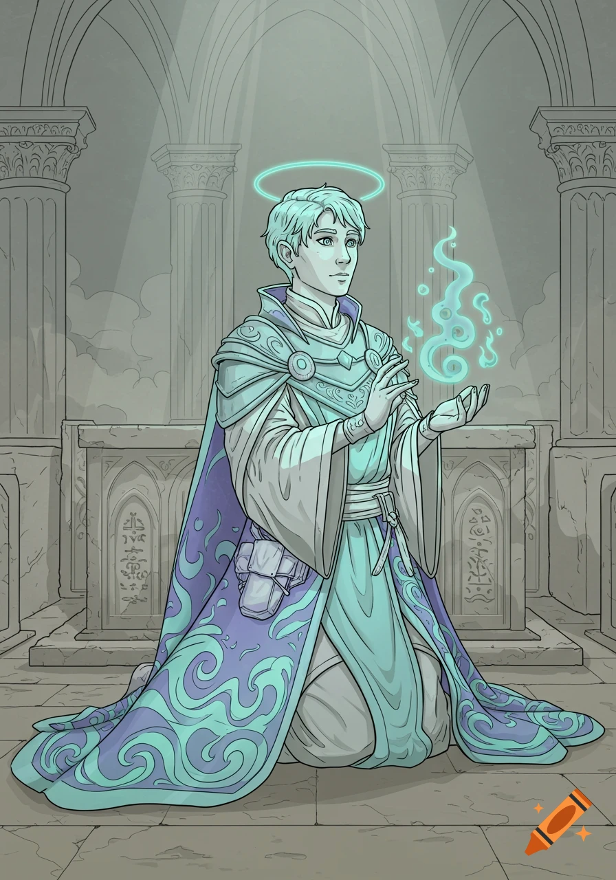 A young, pale-skinned D&D style cleric in cyan and purple robes kneels in a stone temple, conjuring glowing blue magic.