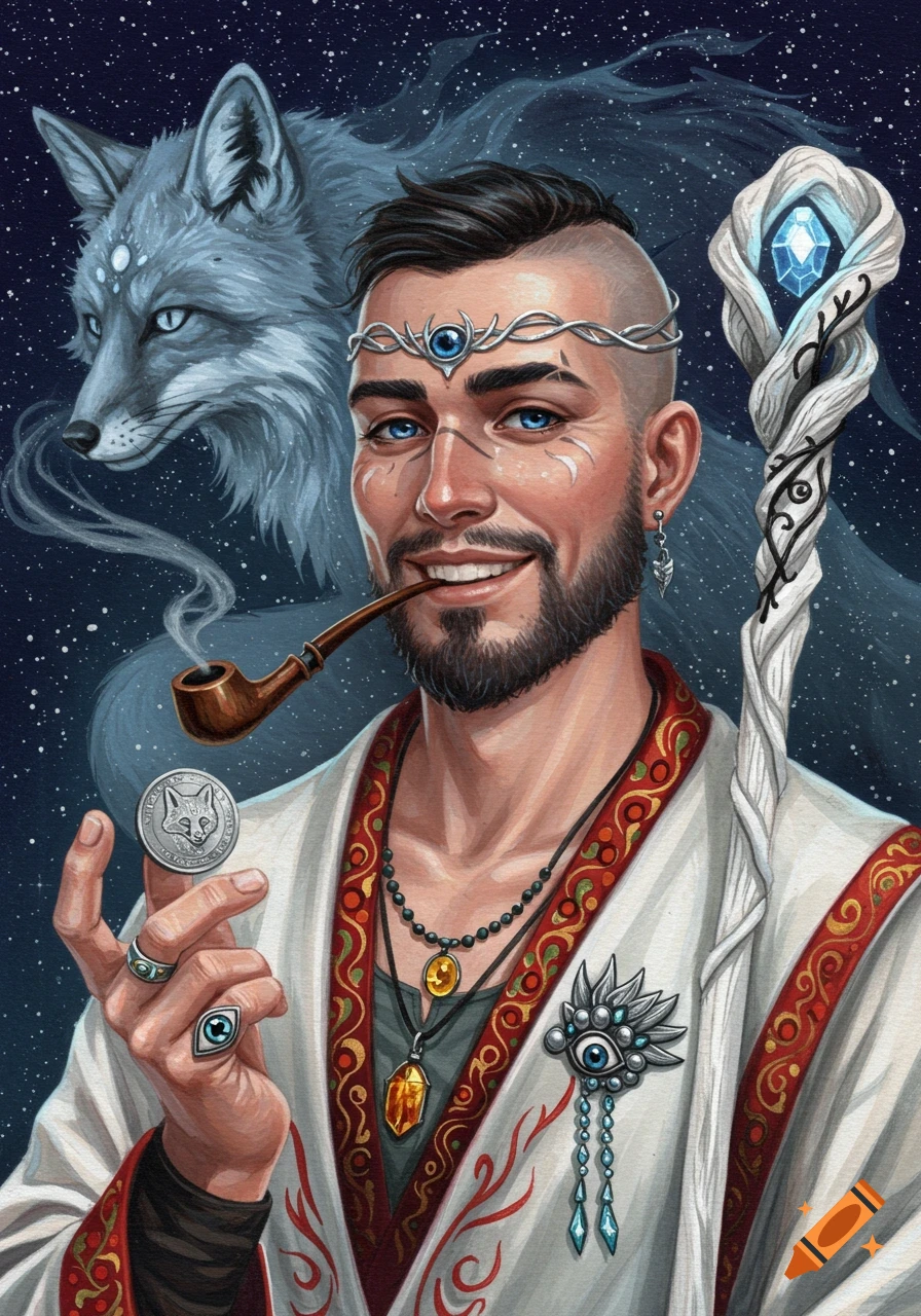 A smiling man with blue eyes, a shaved head, and beard smokes a pipe, holding a fox coin. A spectral fox appears behind him in a starry night sky. He wears a white robe, a circlet, and necklaces, holding a crystal-topped staff.