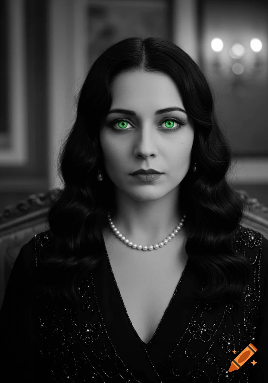 Black and white portrait of an elegant woman with dark wavy hair, green eyes, pearls, and a beaded 1920s dress.